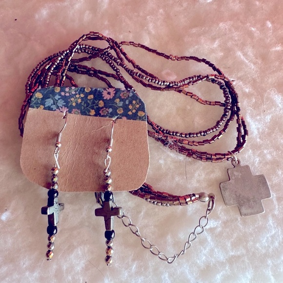 Bronze Neutral Hematite Cross Jewelry Set - Picture 5 of 11